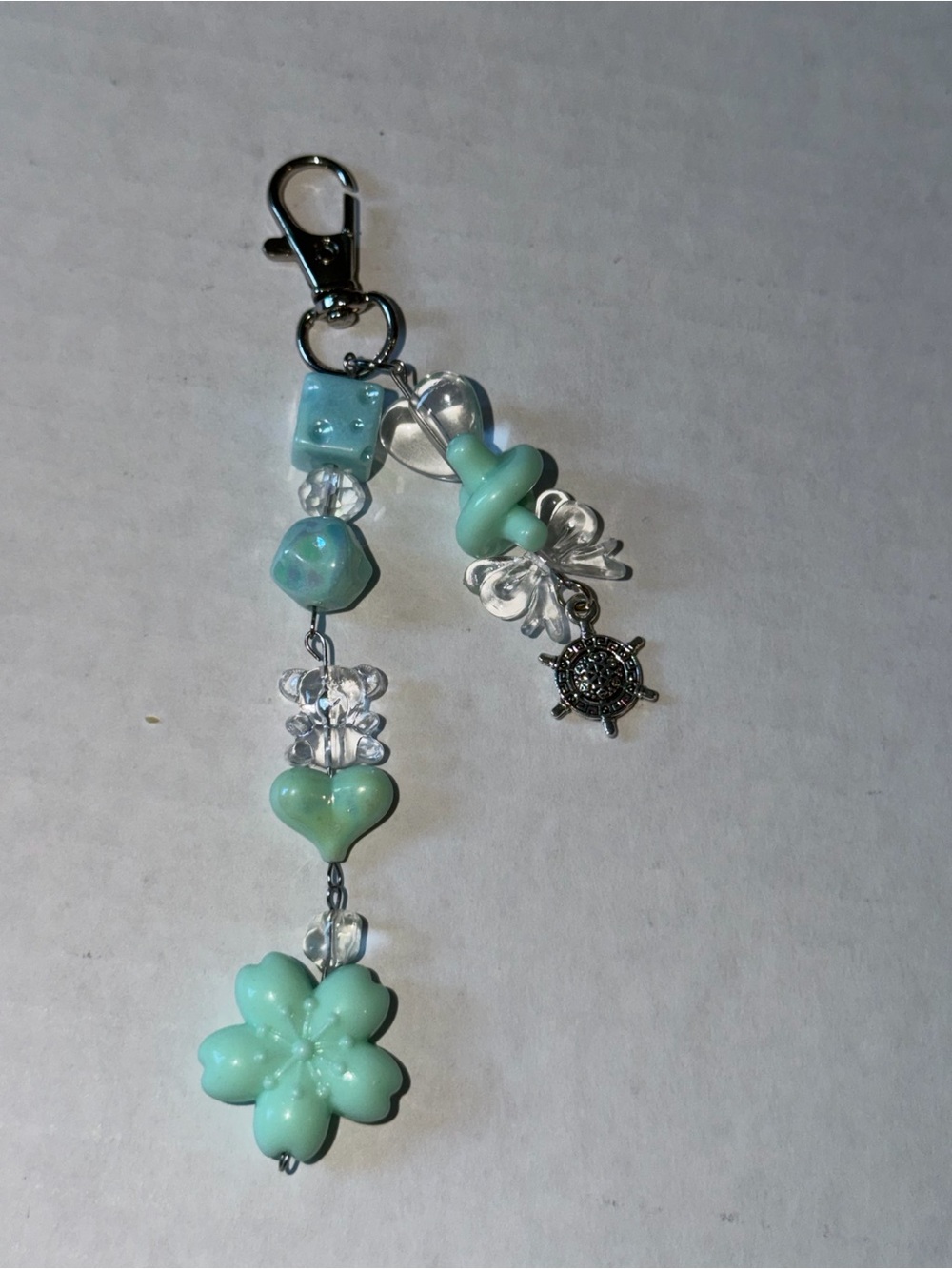 Handmade Light Teal Flower & Heart Beaded Keychain Charm